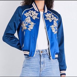 Women's Blue Bomber Floral Embroidered Polyester Elastane Jacket